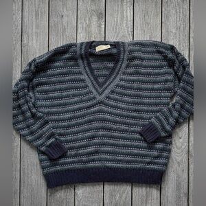 Vintage 90s Sears Men’s Store Striped V-Neck Sweater XXL Green Gray